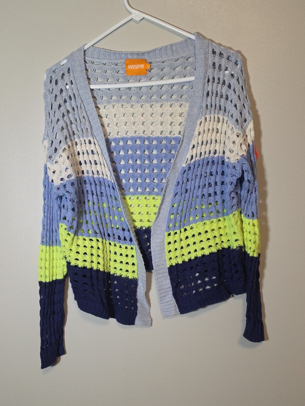 Open-Knit Stripe Cardigan in Light Blue, Navy & Neon Yellow